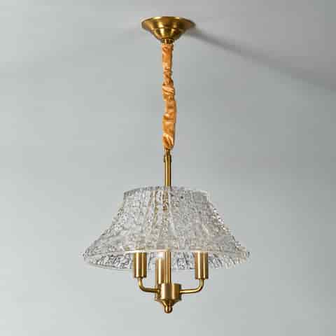 Gold Brass Glass Pendant Light with Sculptural Rod and Textured Clear Glass Shade