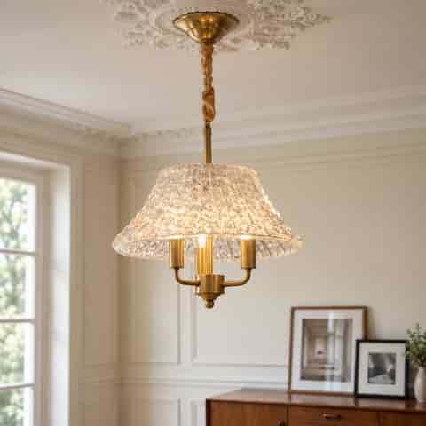 Clear Textured Dome Glass Pendant Light with Gold Finish Frame and Decorative Ceiling Medallion