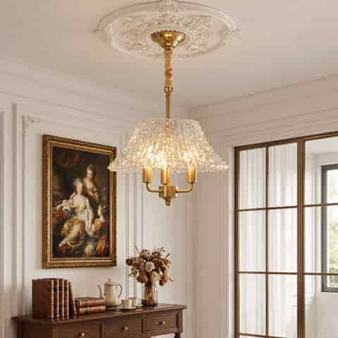 Illuminated Gold Glass Pendant Chandelier in an Elegant Classic Room with Natural Daylight