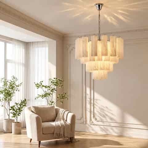Cream toned textured glass chandelier in an elegant living room with decorative wall molding and natural light