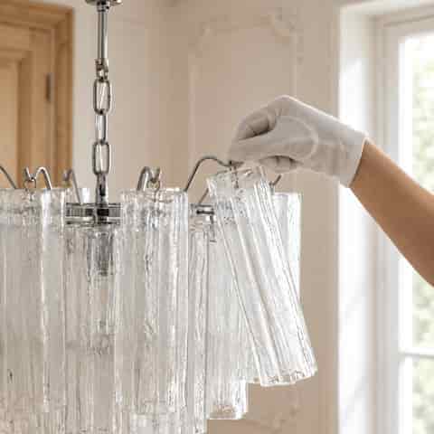 Gloved hand installing a textured glass shade on a chrome metal chandelier with hanging hooks
