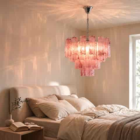Pink textured glass chandelier providing warm decorative lighting in a cozy contemporary bedroom