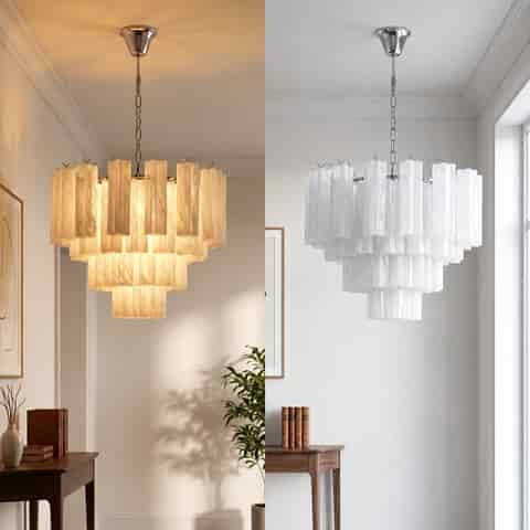 A chrome finished, tiered texture Murano glass pendant light in a modern residence, shown both illuminated and unlit