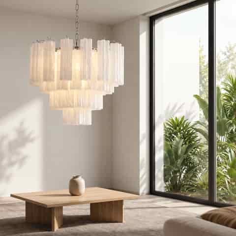 Textured glass tiered chandelier in a modern living room with a natural wood coffee table and large window