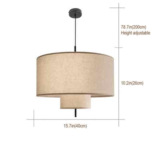 15.7 inch double drum linen pendant light size diagram with adjustable hanging cord