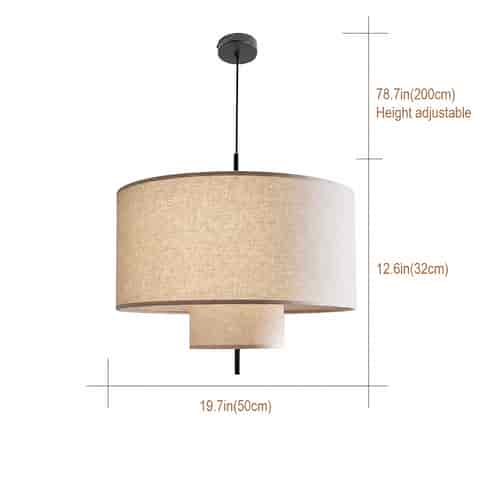19.7 inch double drum linen pendant light size diagram with adjustable 78.7 inch cord