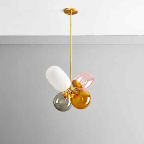 4 light multicolor glass chandelier with gold tone rod and clustered pink, amber, smoke gray and white shades