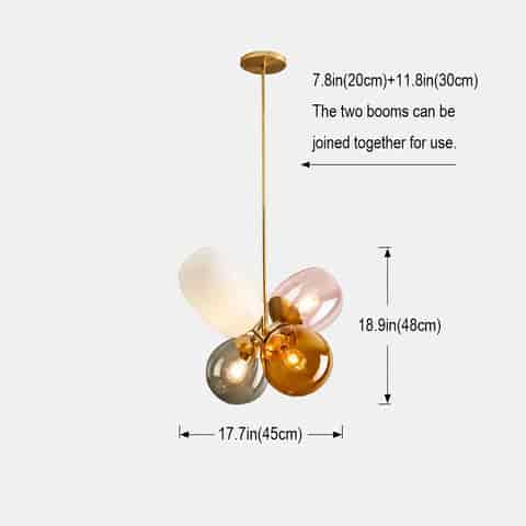 4 light colorful glass chandelier with gold tone frame, multicolor glass shades and adjustable 20 cm + 30 cm rods
