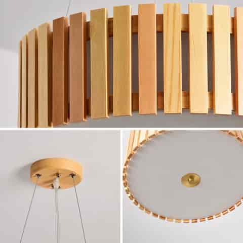 Wood slat pendant chandelier details showing wood grain, ceiling canopy and bottom diffuser