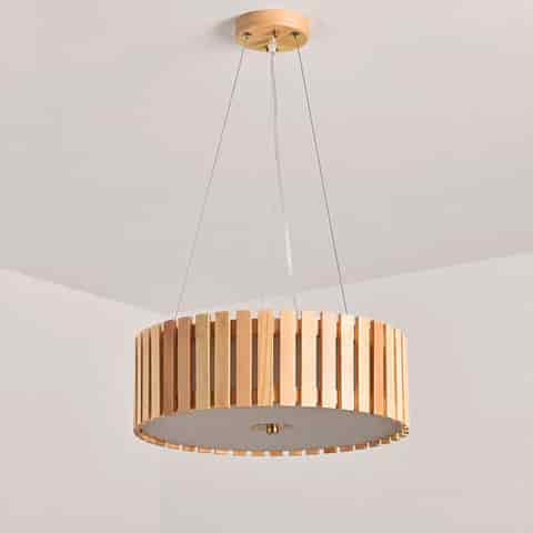 Natural wood slat drum pendant chandelier with cable suspension and frosted diffuser