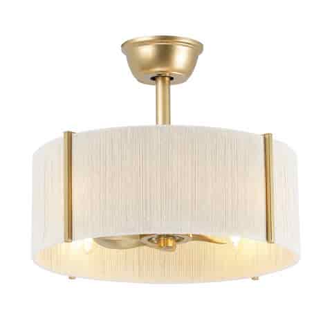 Modern gold drum shade ceiling fan with white fabric shade and integrated lighting