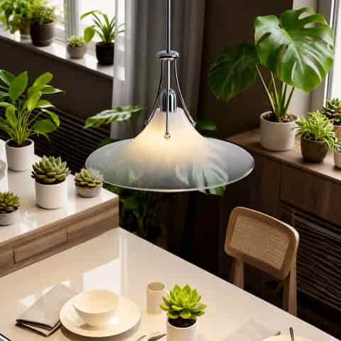 Modern frosted glass saucer pendant with polished metal supports and softly diffused light above a bright dining area