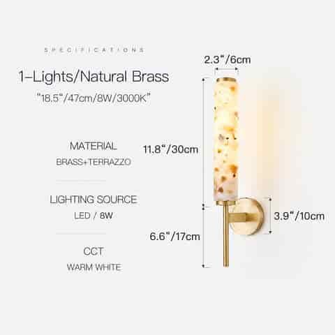 18.5 inch natural brass terrazzo LED wall sconce, 8W warm white