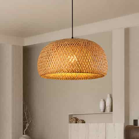 Large woven bamboo dome pendant light with warm ambient lighting in modern interior