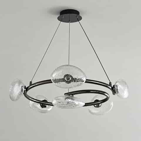 33.5 inch modern ring chandelier with clear textured glass shades and black metal frame