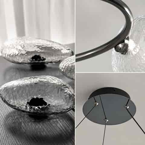Textured glass chandelier details showing sculpted glass shade, metal ring frame and ceiling canopy