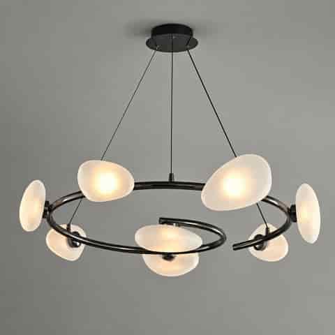 Modern black ring chandelier with organic frosted textured glass shades