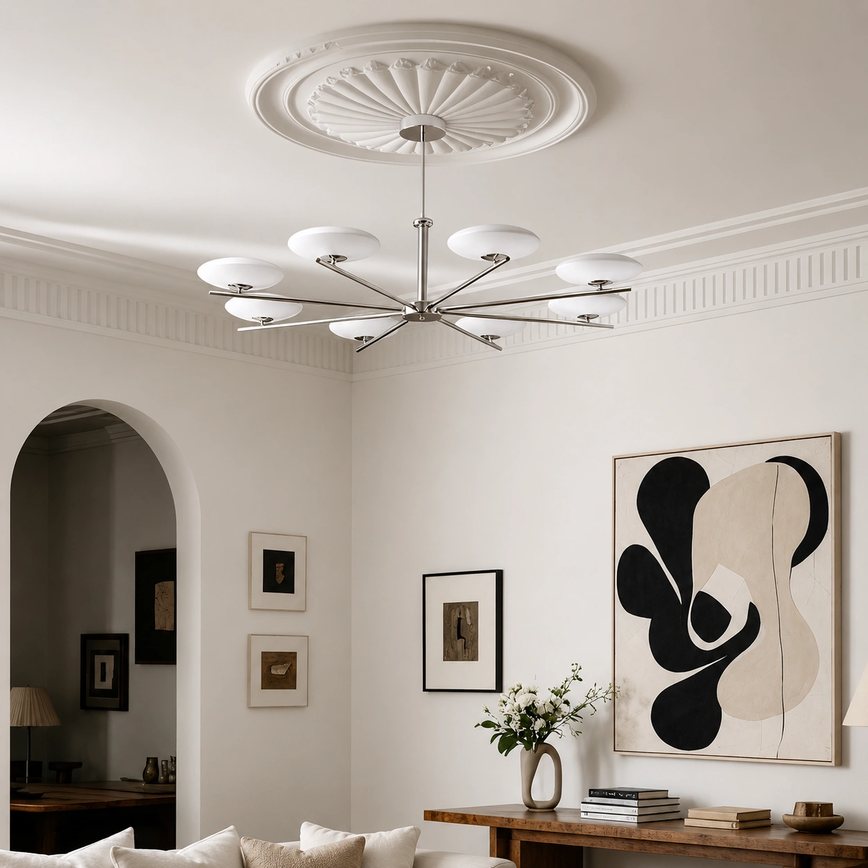 Mid-Century Modern Opal Glass Sputnik Chandelier in Polished Chrome