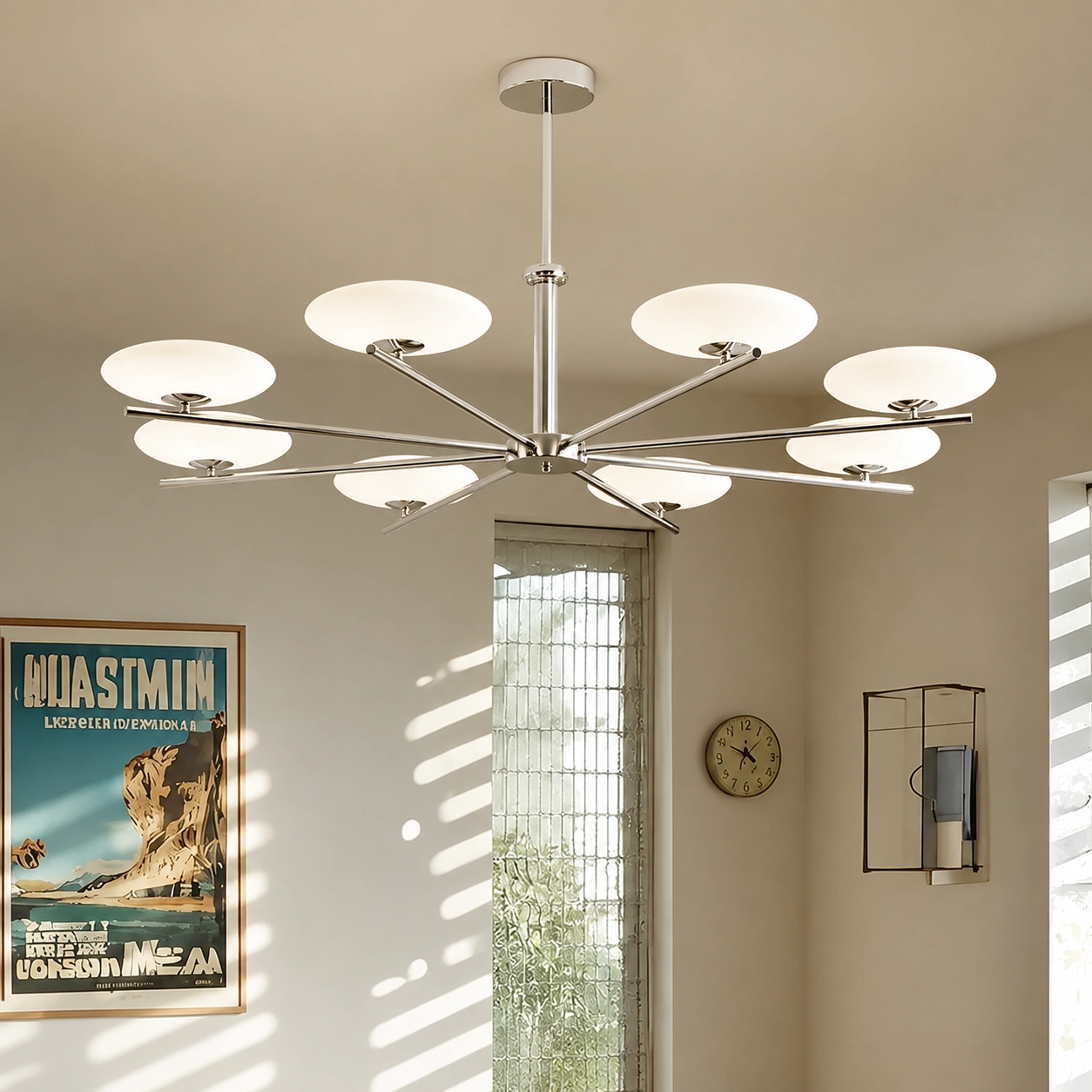 Mid-Century Modern Opal Glass Sputnik Chandelier in Polished Chrome