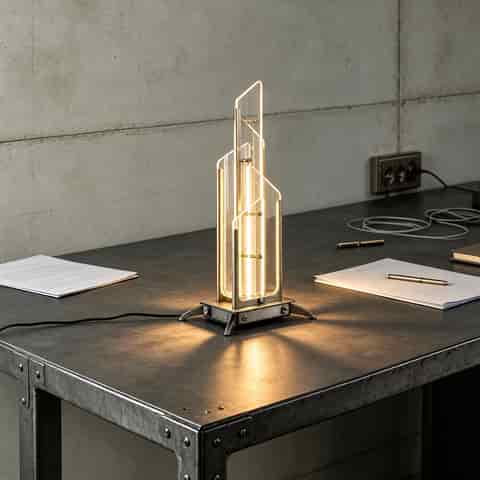 Geometric glass LED table lamp with brushed metal structure creating warm accent lighting in a contemporary workspace