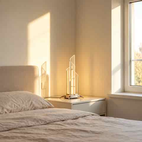 Modern geometric glass LED table lamp with layered clear glass panels and brushed metal frame in a bedroom