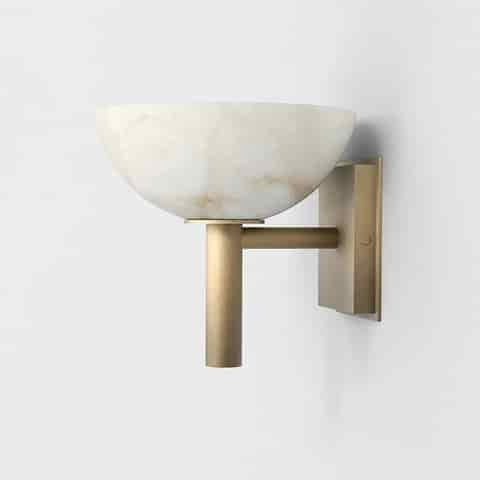Side view of natural alabaster bowl wall sconce in gold finish