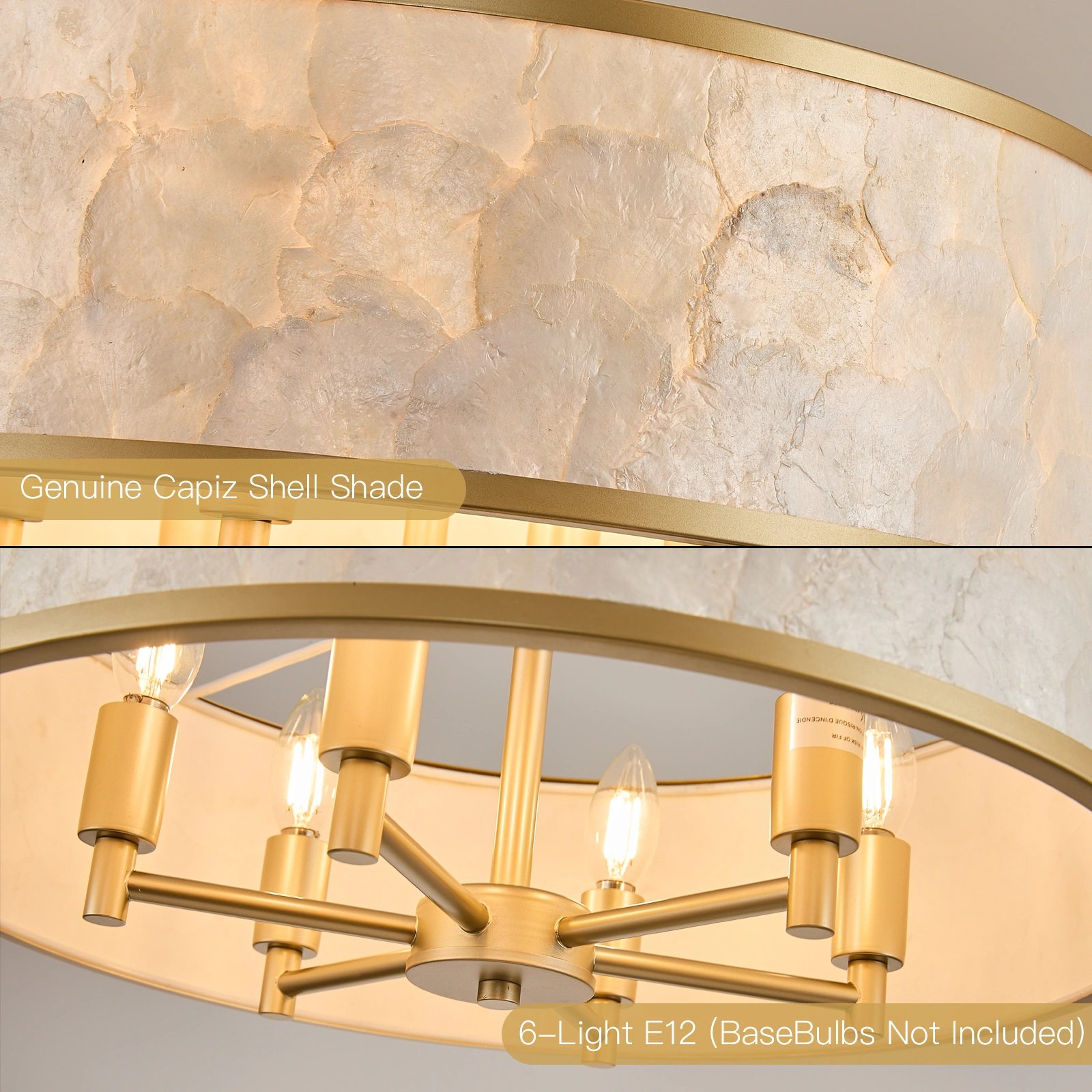 19.7" Gold Capiz Shell Drum Chandelier, 6-Light Pendant for Dining Room