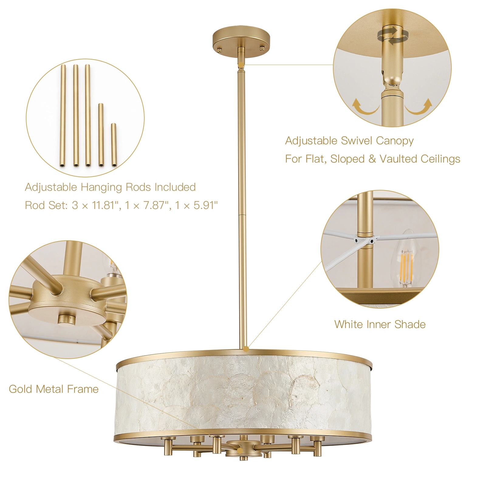 19.7" Gold Capiz Shell Drum Chandelier, 6-Light Pendant for Dining Room