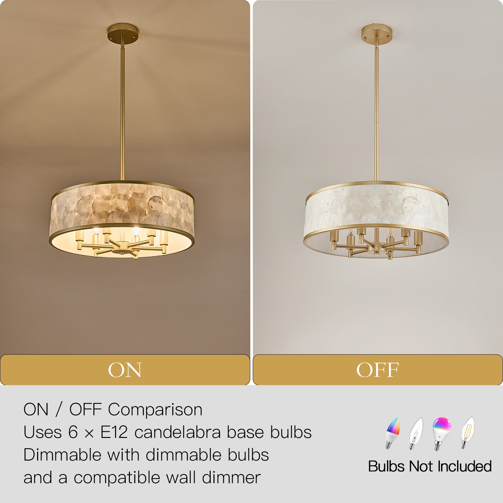 19.7" Gold Capiz Shell Drum Chandelier, 6-Light Pendant for Dining Room