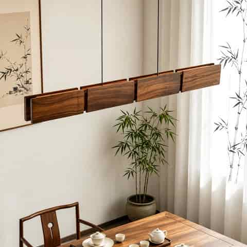 Walnut linear pendant light above a dining table in a bright contemporary natural wood interior