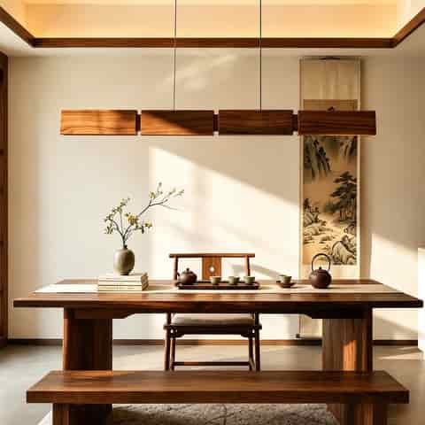 Walnut wood linear pendant light above a large dining table in a warm Asian inspired interior