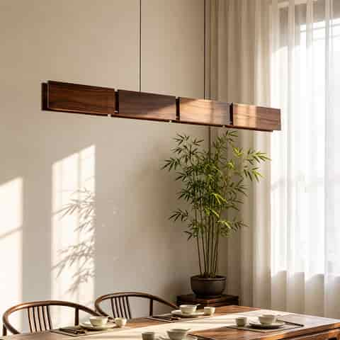 Walnut wood linear pendant light above a tea table in a warm modern dining room with natural daylight