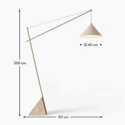 Dimension view of a modern marble cantilever floor lamp measuring 200 cm high, 157 cm long and featuring a 40 cm diameter iron shade