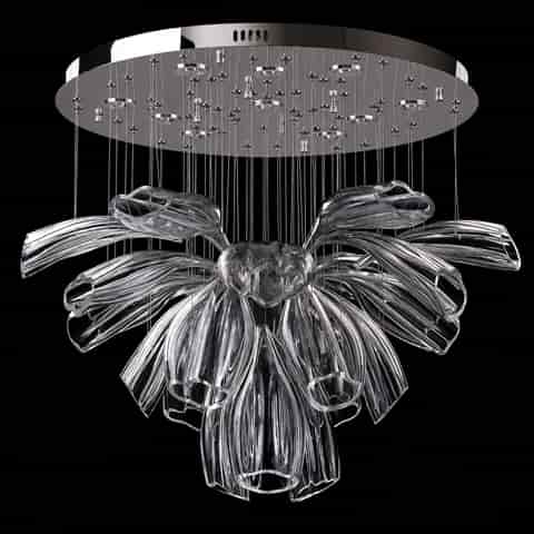Clear sculptural flower chandelier shown unlit with layered transparent petals and polished