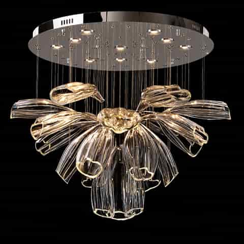Modern clear flower chandelier with sculptural suspended petals, warm lighting and polished