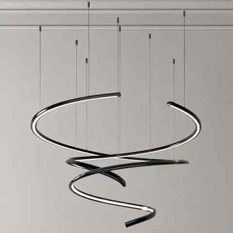 Pearl black stainless steel spiral LED chandelier with sculptural multi level curves, integrated linear lighting and cable suspension