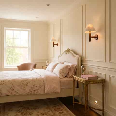 Pair of Capiz shell and wood wall sconces in a warm traditional bedroom