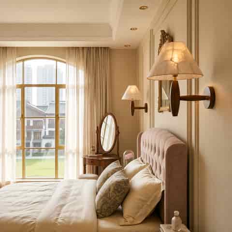 Capiz shell and wood wall sconces beside an elegant upholstered bedroom bed