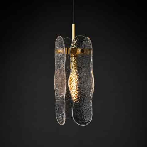Textured glass pendant light with layered water ripple glass panels and warm ambient glow