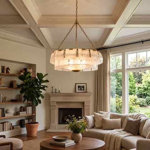 Gold metal and glass chandelier hanging in an elegant living room with a fireplace and neutral furnishings