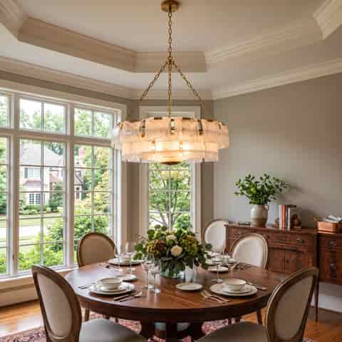 Gold metal and textured glass chandelier above a round dining table in a classic dining room