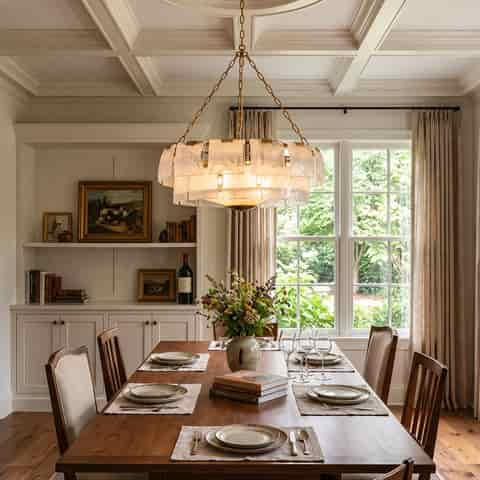 Gold metal and textured glass chandelier above a dining table in a warm, nature inspired interior