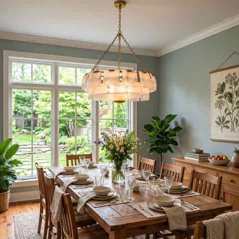 Gold metal and glass chandelier illuminating a traditional dining room with a wood dining table