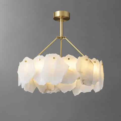 Round natural alabaster chandelier with layered irregular stone slabs, brass frame and three arm suspension structure