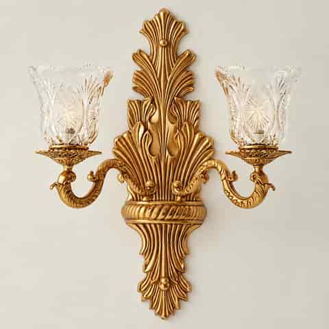 Full view of ornate antique gold two light wall sconce with symmetrical curved arms and clear glass shades