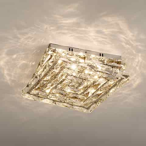 Modern square crystal flush mount ceiling light creating sparkling reflections across a contemporary ceiling