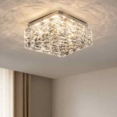 Modern square flush mount ceiling light with sparkling faceted crystal panels and reflective metal structure