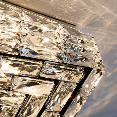 Unlit modern square crystal flush mount ceiling light showing layered transparent faceted panels and geometric construction